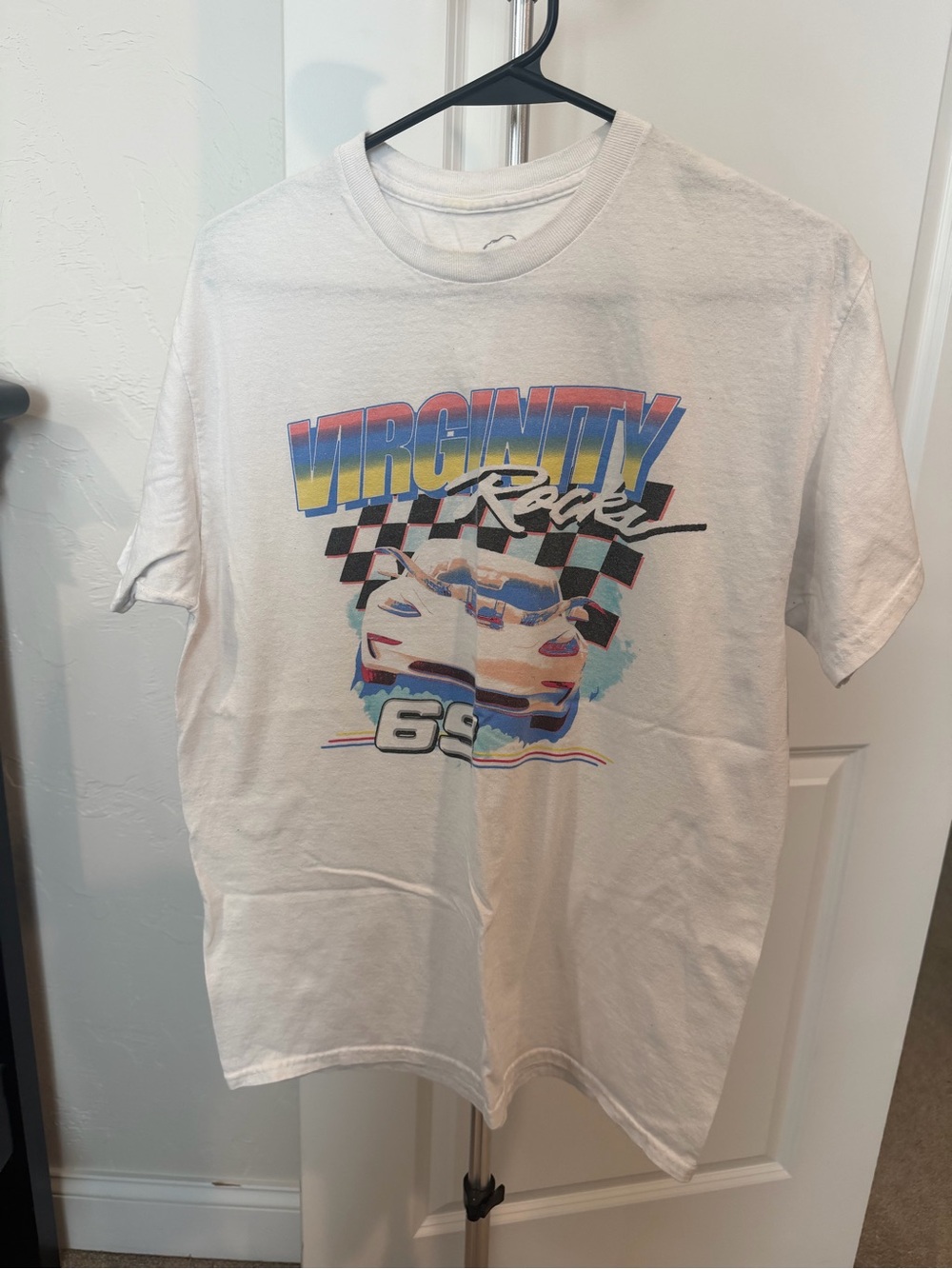 White 'Virginity Rocks' Graphic Racing Tee - Men's Short Sleeve